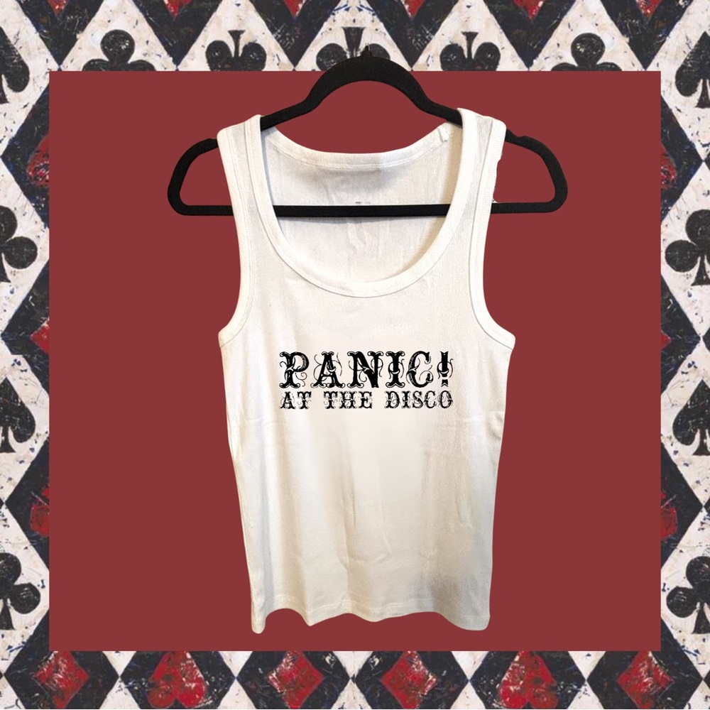 White Tank Top with Black 'Panic! At The Disco' vintage logo